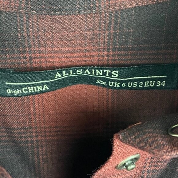 All Saints Kayla Plaid Shirt Dress Womens Size 2 Flannel Cotton Draped Burgundy - Picture 3 of 10